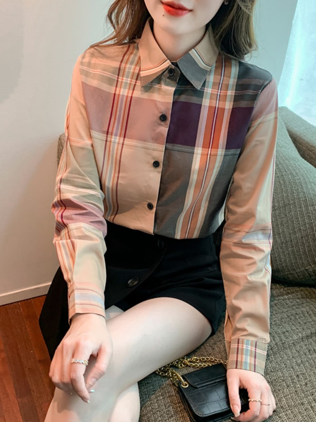 柄シャツ 格調高い多彩格子模様長袖シャツ