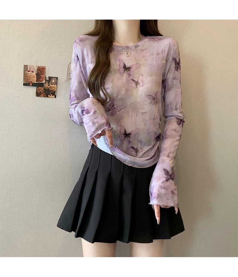 蝶々柄シアー総柄シャツ 透け感長袖薄手レディース