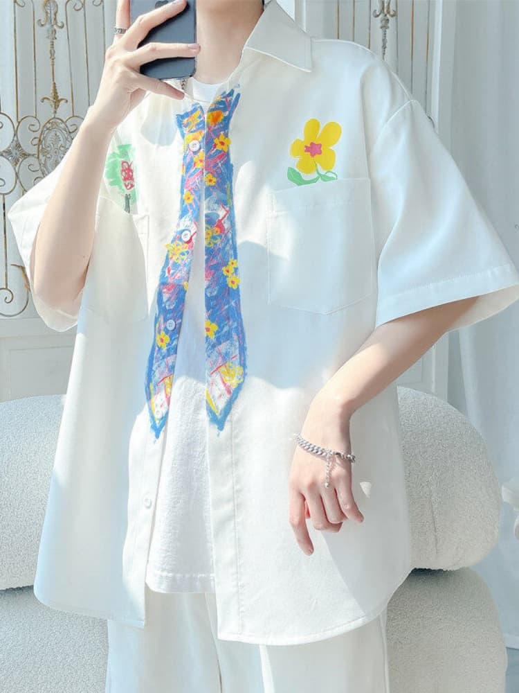 柄シャツ 彩りお絵描き風花柄シャツ