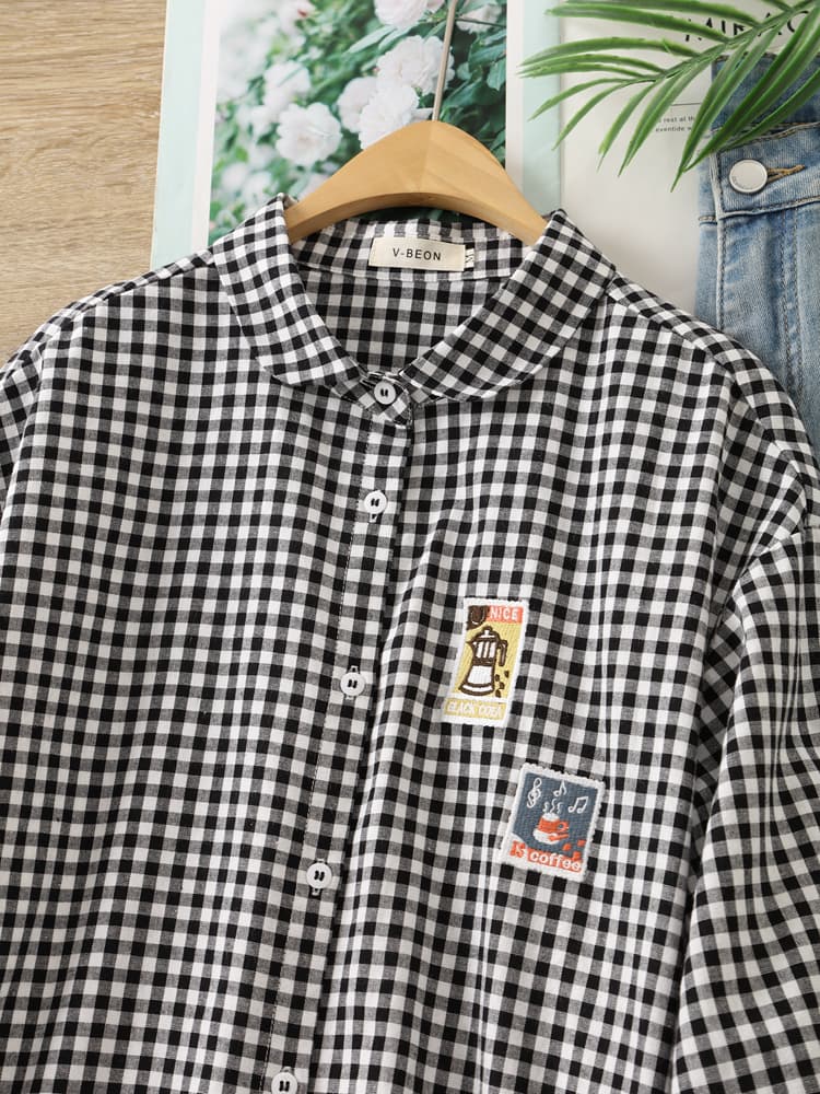 柄シャツ 柄シャツ レトロワッペン格子模様シャツ