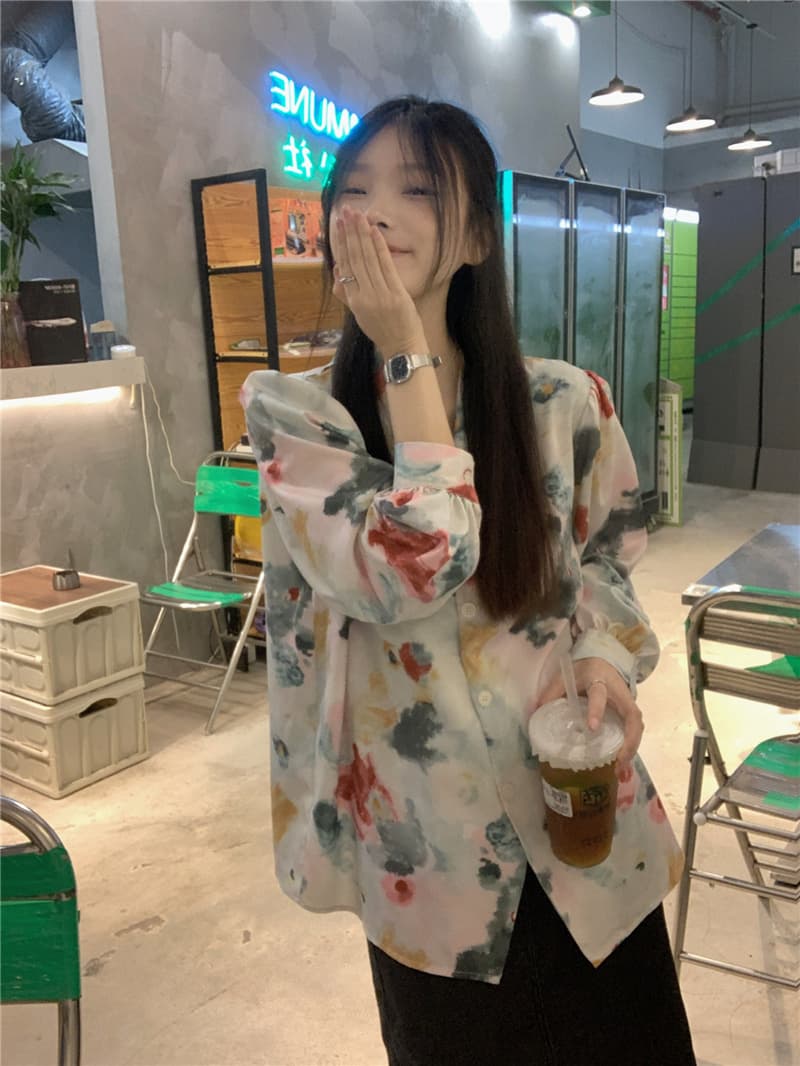 韓国風水彩花柄シャツ通勤おしゃれ長袖ブラウス