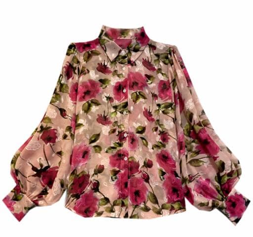 秋冬レディース総柄シャツ長袖花柄バルーン袖シフォン
