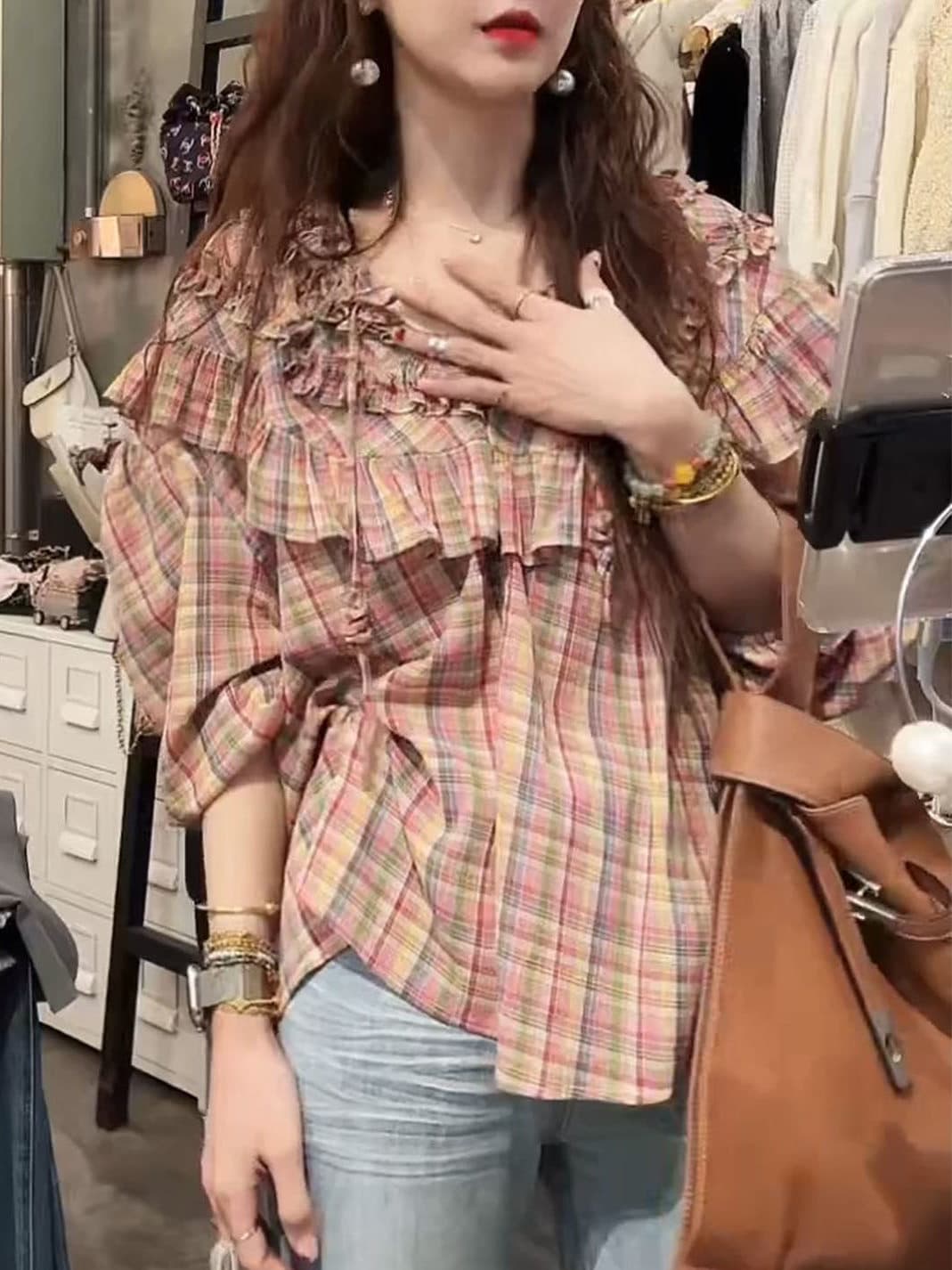 柄シャツ 柄シャツ フリルギャザー格子柄ブラウス