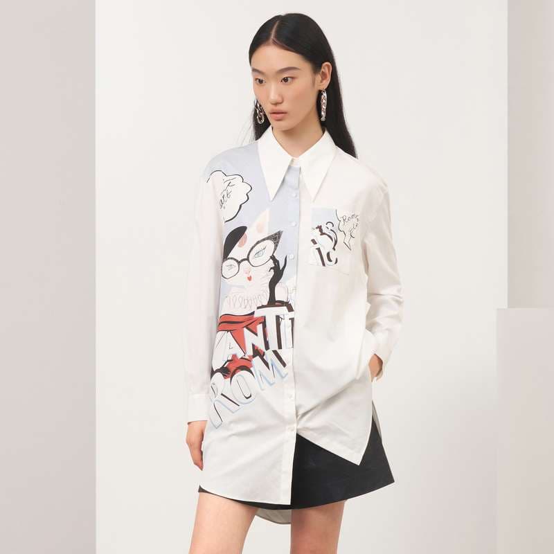猫柄シャツ　メガネ猫イラストの遊び心溢れる柄シャツ