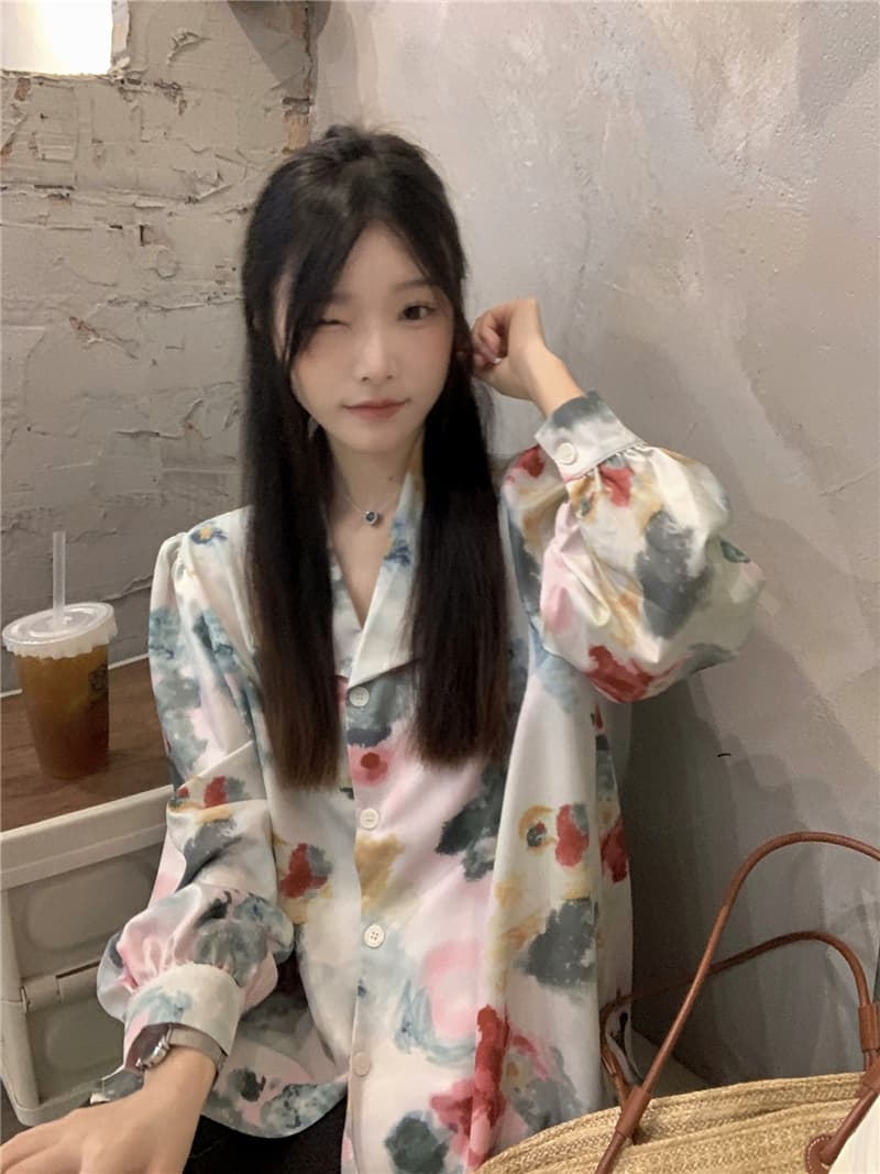 韓国風水彩花柄シャツ通勤おしゃれ長袖ブラウス