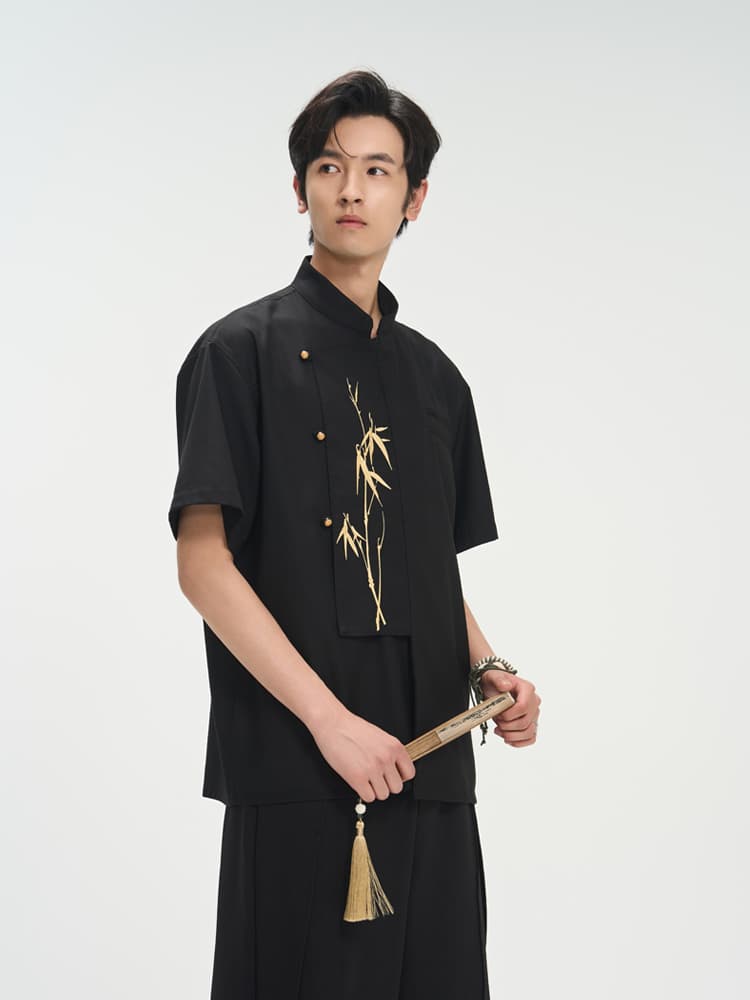 柄シャツ 竹刺繍入り立襟スタイリッシュシャツ