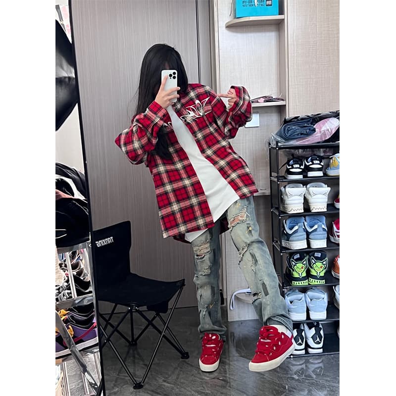 柄シャツ フロントロゴ入りオーバーサイズシャツ