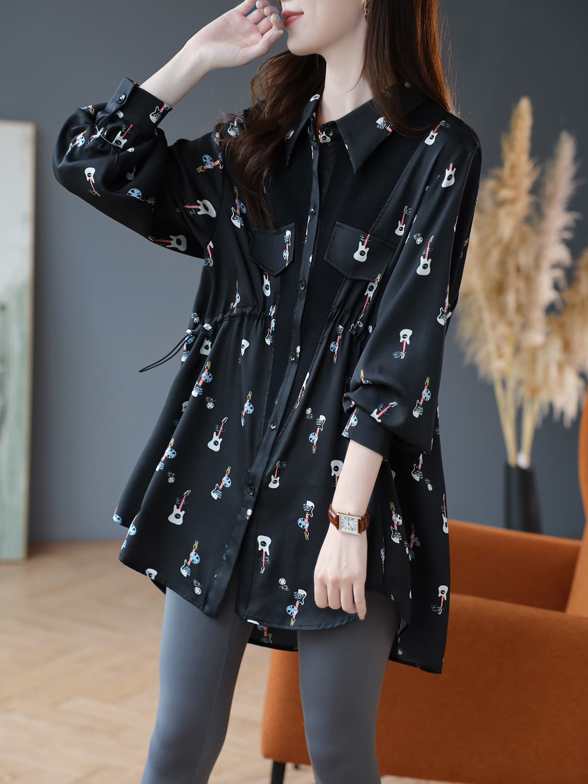 柄シャツ 柄シャツ 楽器模様のゆったりシャツ