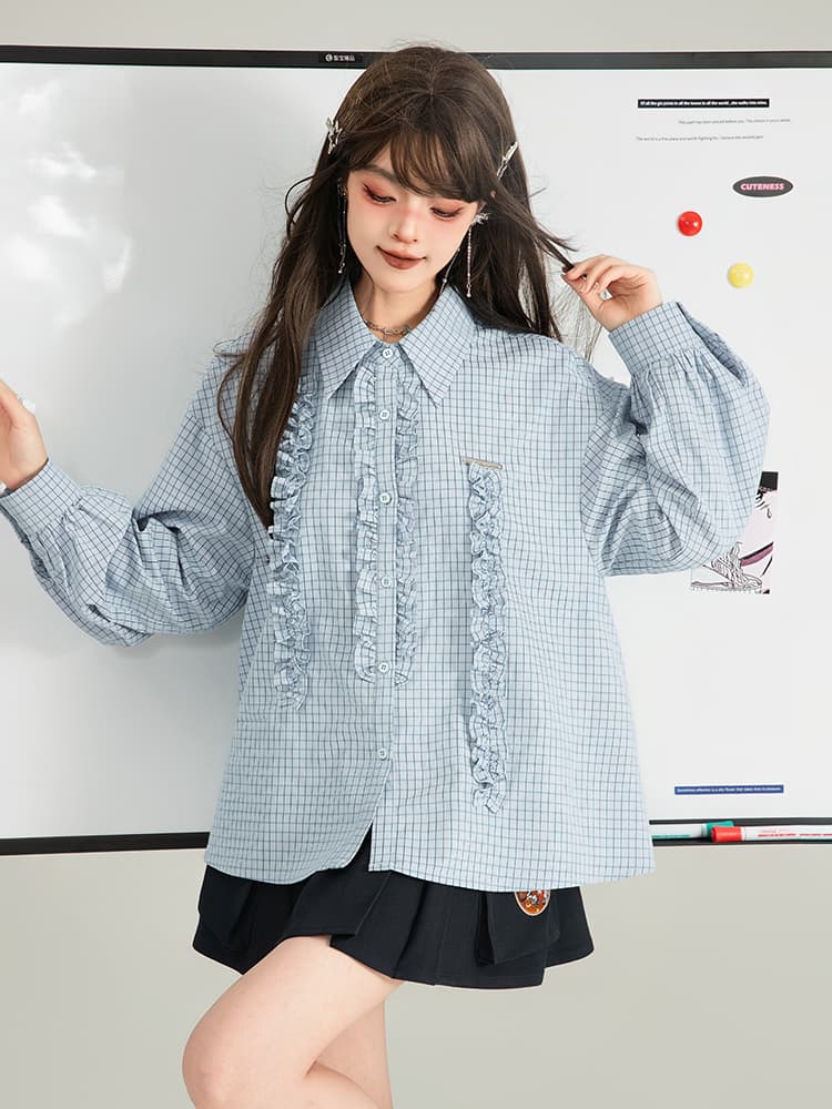 柄シャツ フリル装飾格子柄ゆったりシャツ