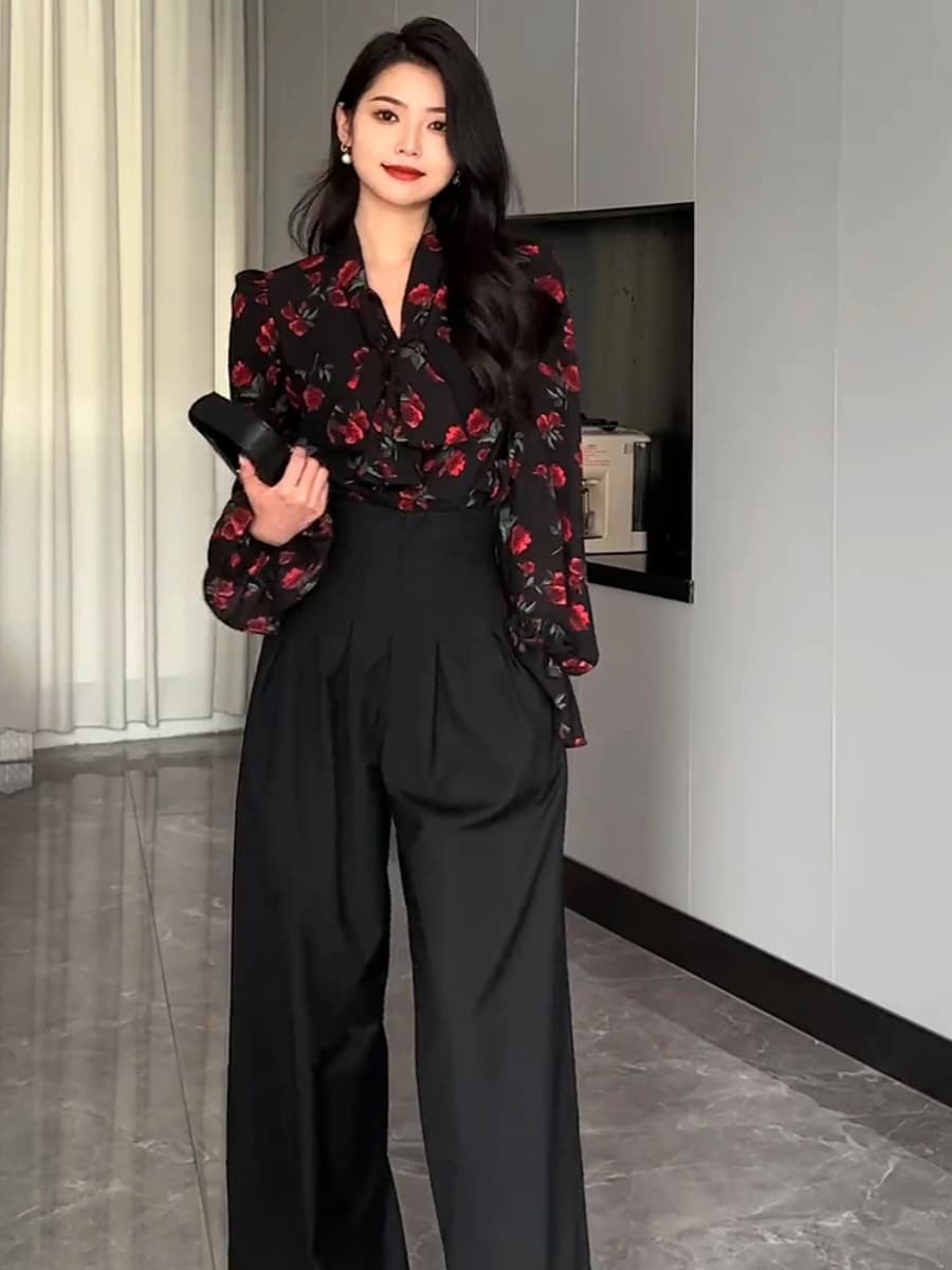 柄シャツ 柄シャツ 優美な薔薇模様フリルブラウス