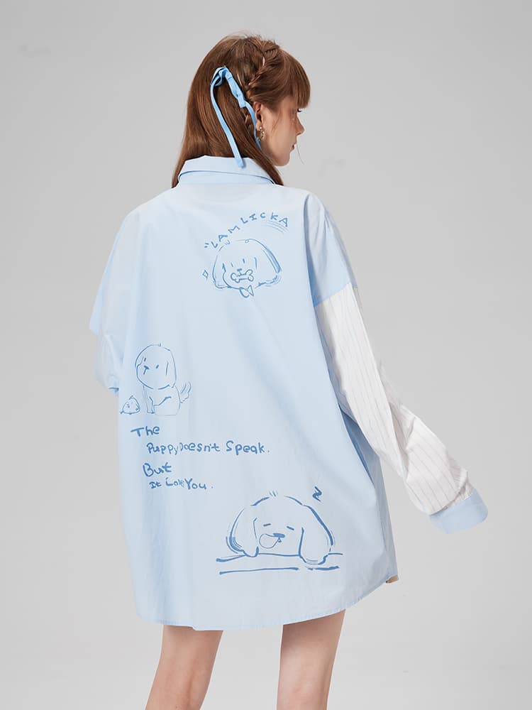 柄シャツ 柄シャツ わんこイラスト切替デザインシャツ