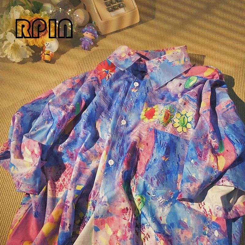 花柄シャツ 水彩タッチ花咲く芸術シャツ