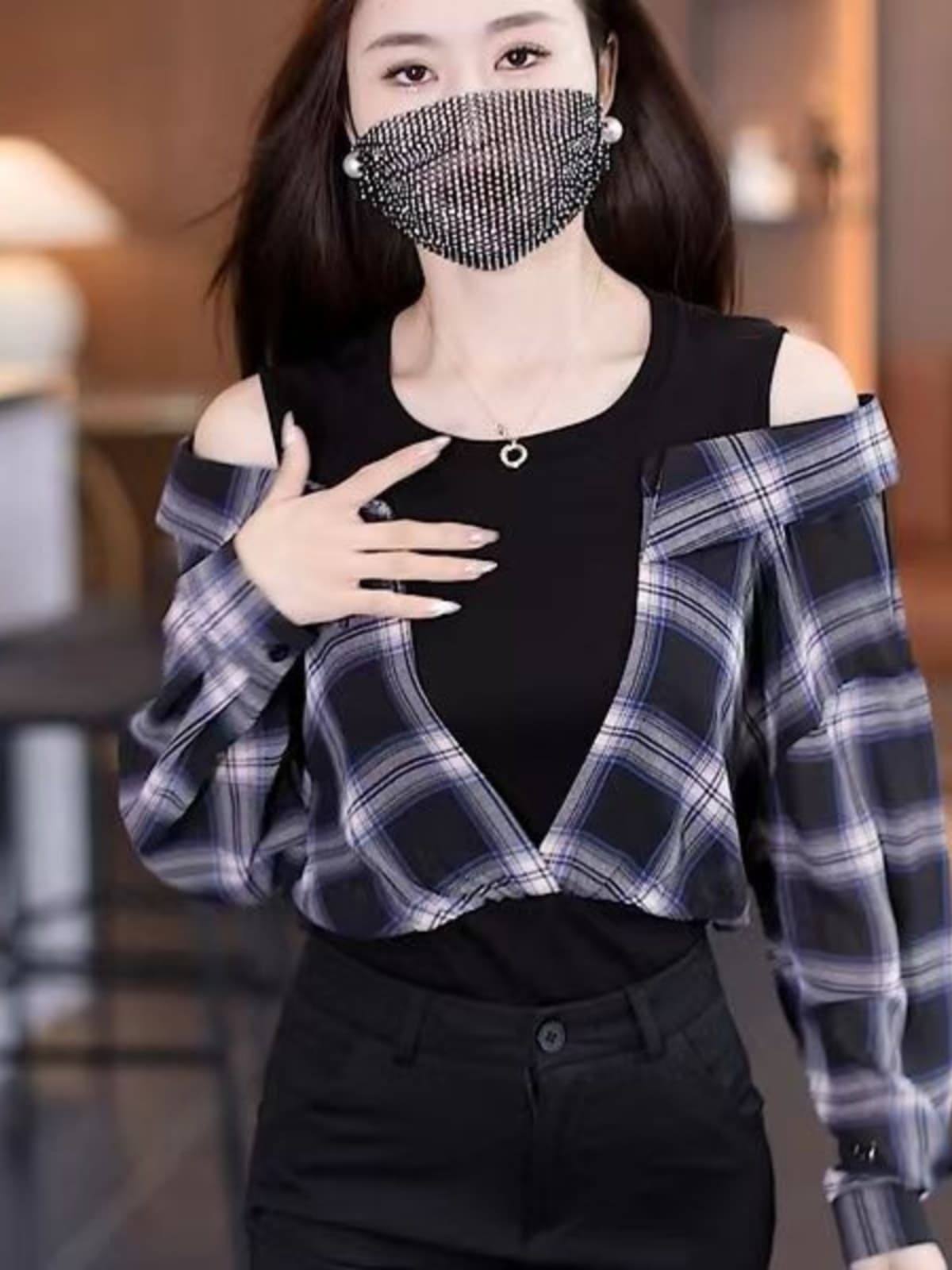 柄シャツ 肩開きデザイン チェック柄シャツ