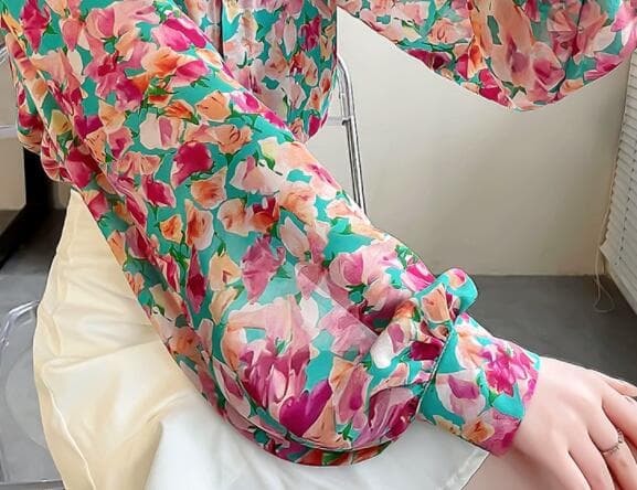 秋冬レディース総柄シャツ長袖シフォンバルーン袖花柄