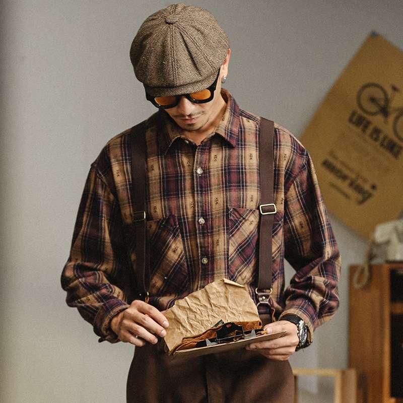 チェック柄シャツ　レトロ調 へリンボーン柄シャツ