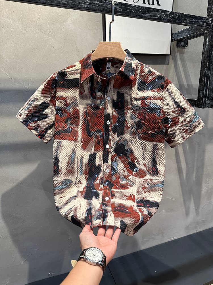 柄シャツ 芸術的筆遣い 半袖総柄シャツ