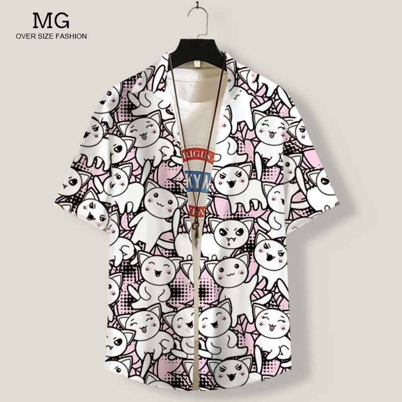 猫柄シャツ　かわいい猫ちゃんいっぱい柄シャツ