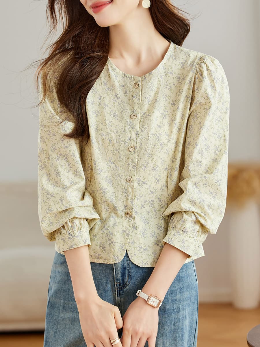 柄シャツ 柄シャツ 優美な小花模様パフスリーブブラウス