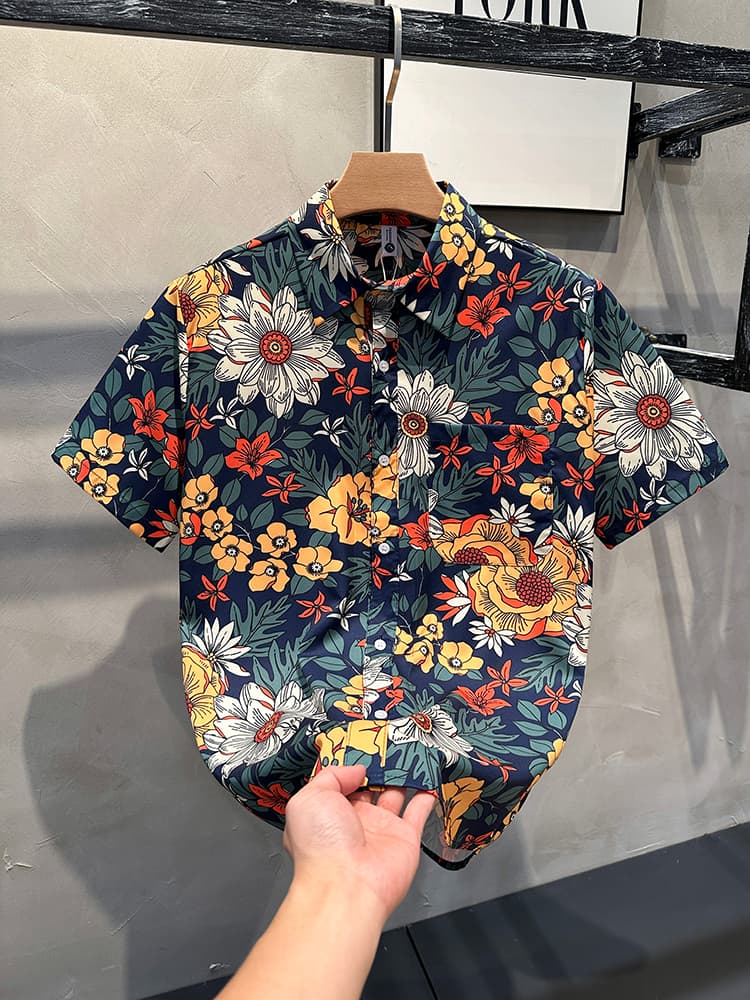 柄シャツ 華やか菊花ボタニカル半袖シャツ