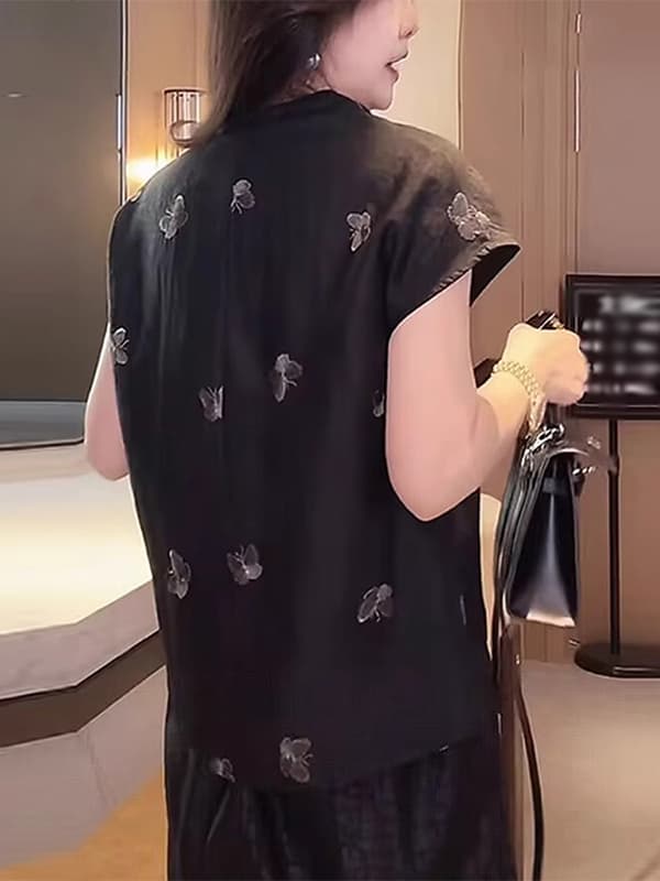 柄シャツ 舞い踊る蝶々柄チャイナトップス