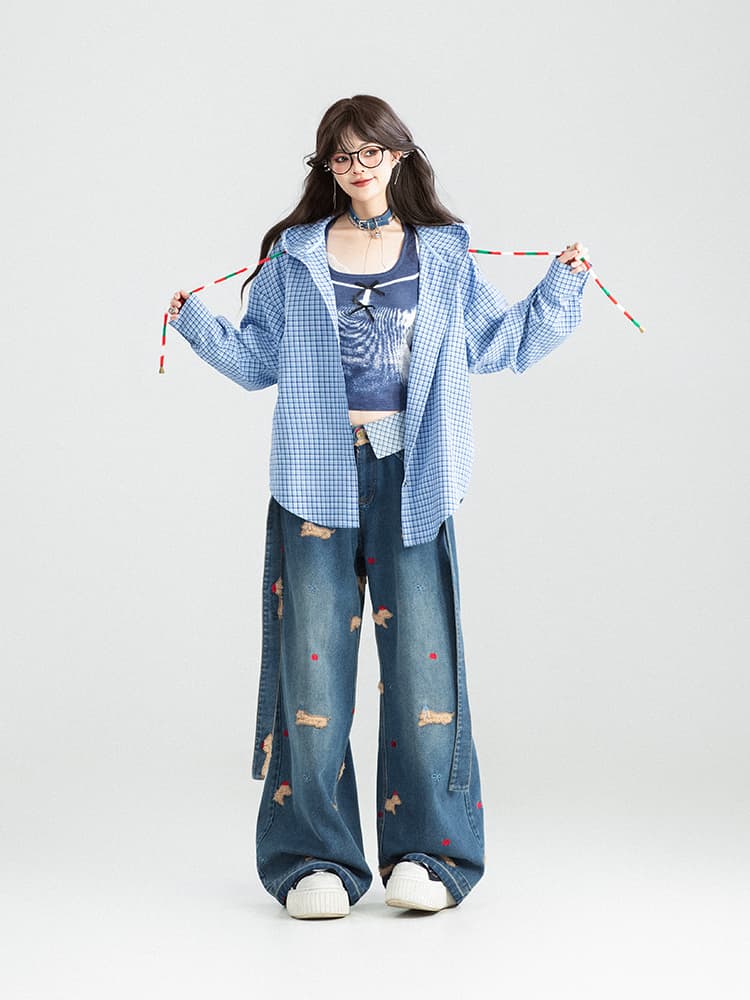 柄シャツ フード付きチェック格子柄シャツ
