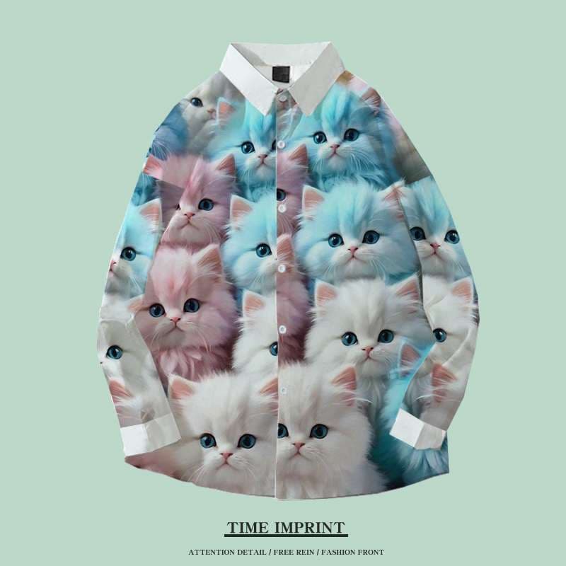 猫柄シャツ　もふもふ猫ちゃん集合柄シャツ