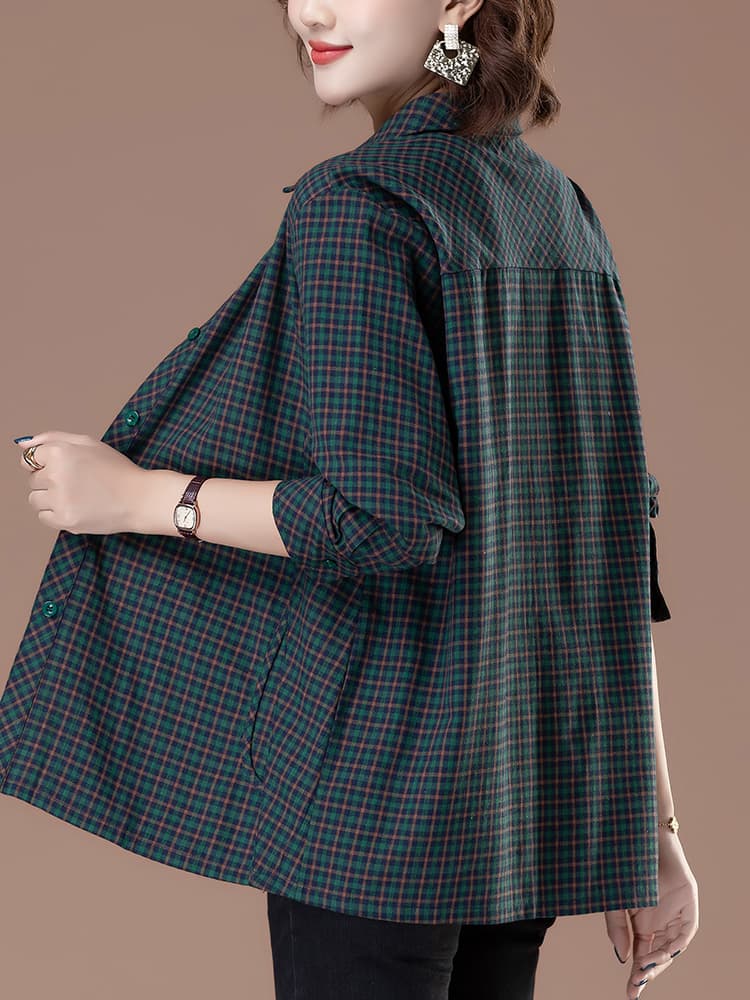 柄シャツ 格子模様のゆったり長袖シャツ