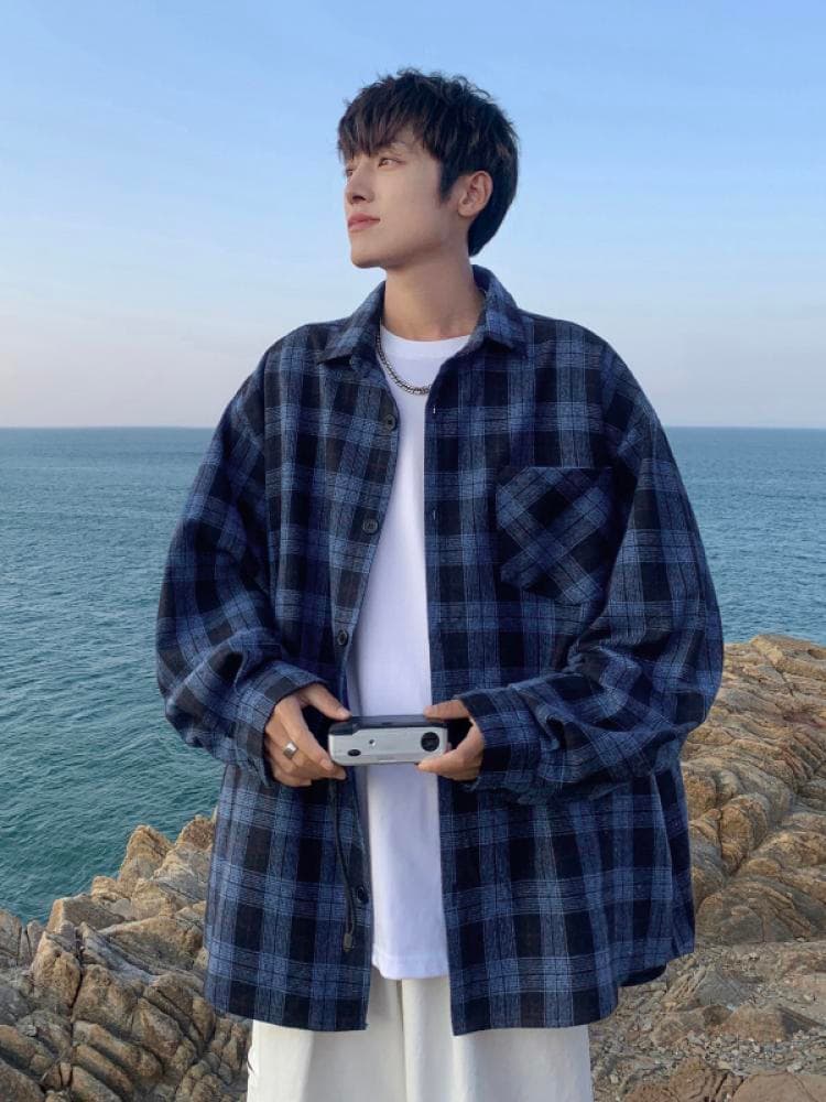 ゆったりシルエット 海辺の休日チェック柄シャツ