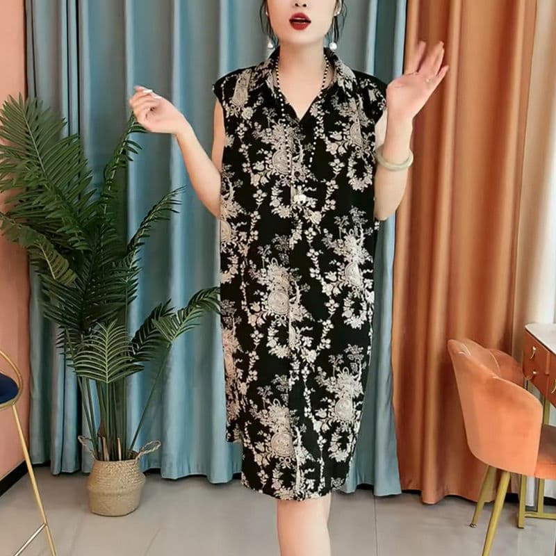 柄シャツ 芸術的水玉ノースリーブシャツワンピース
