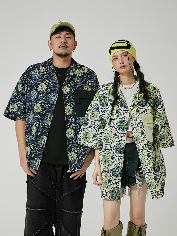 柄シャツ 柄シャツ 伝統花模様 ゆったりシャツ