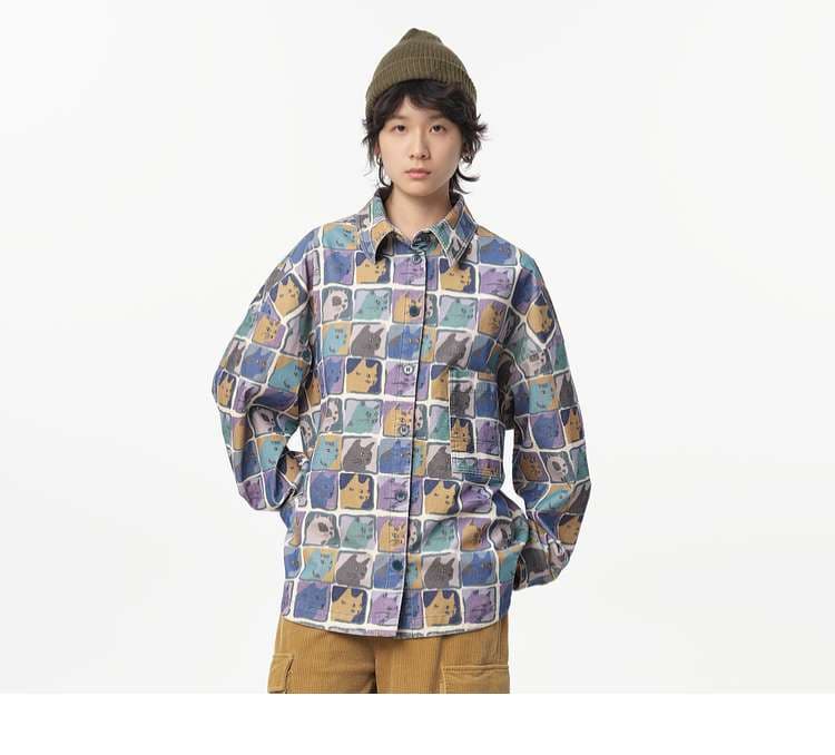 猫柄シャツ キュートな表情猫づくしシャツ