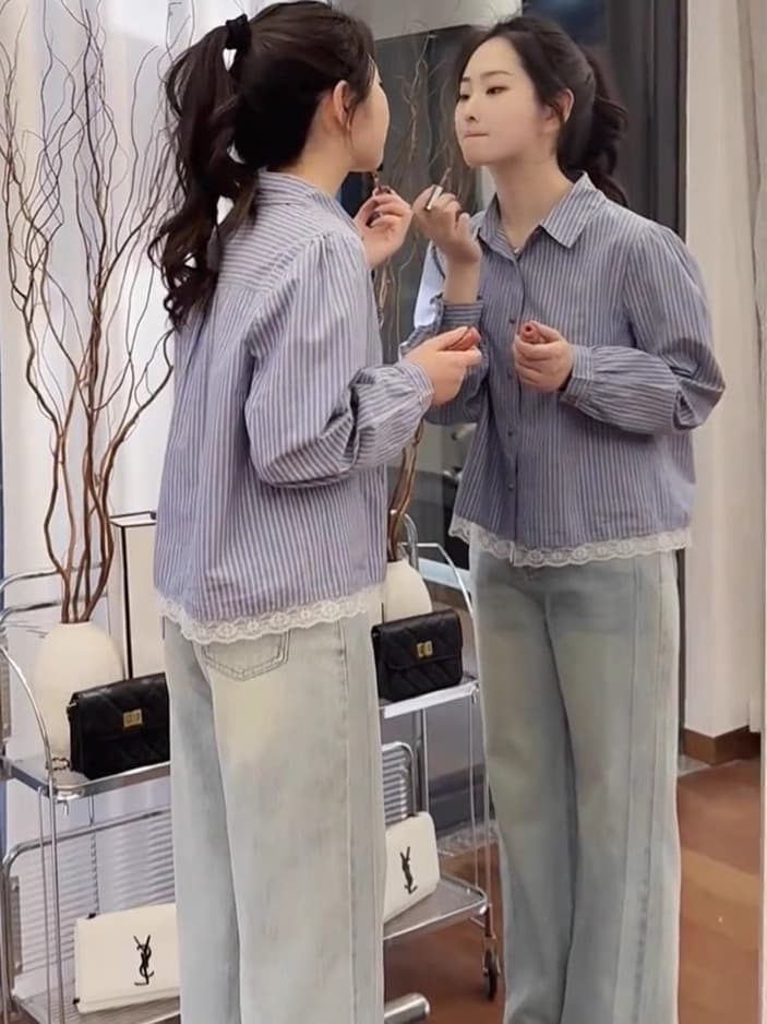 柄シャツ 柄シャツ レース裾ストライプ柔らか長袖シャツ