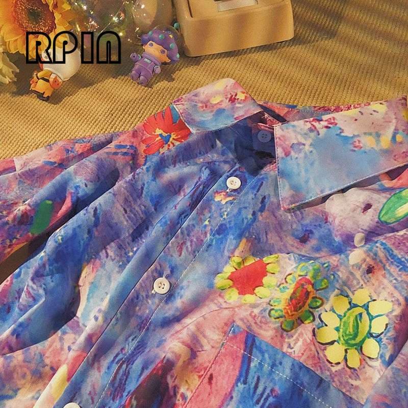 花柄シャツ 水彩タッチ花咲く芸術シャツ