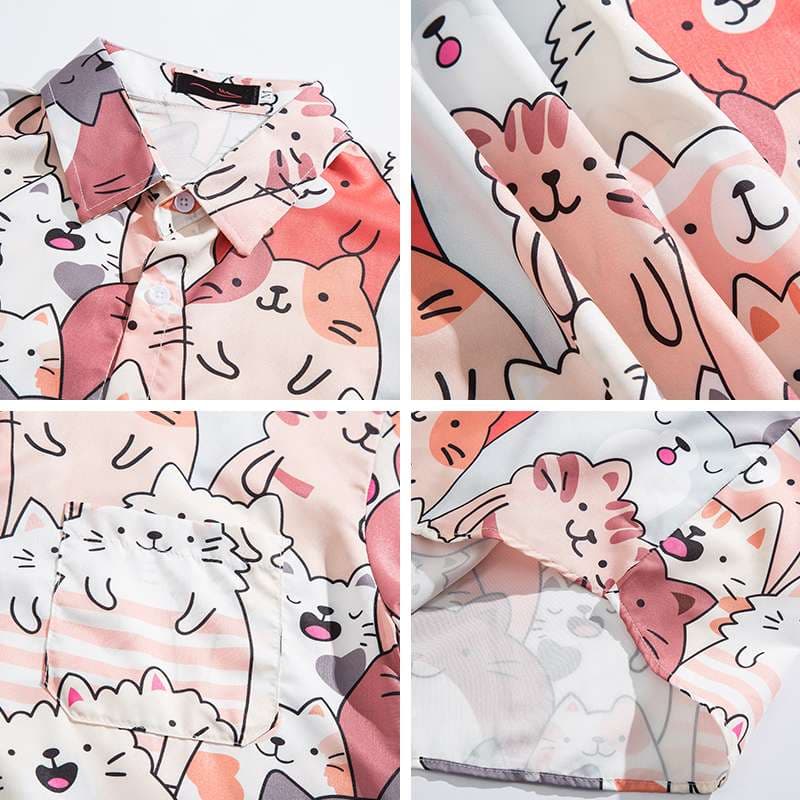 柄シャツ もこもこ猫づくし ゆるかわシャツ