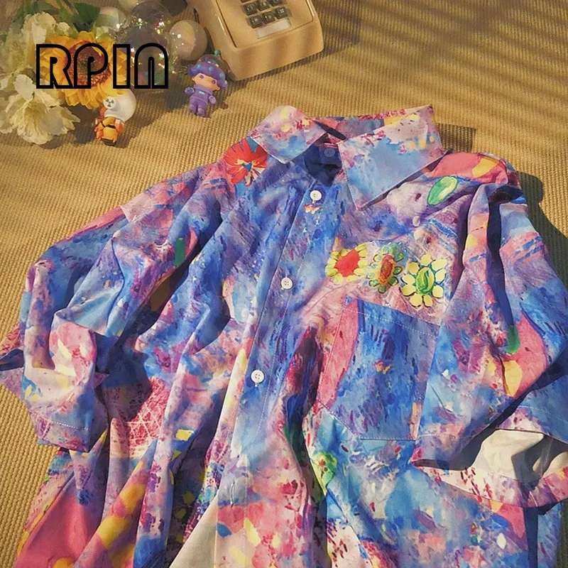 花柄シャツ 水彩タッチ花咲く芸術シャツ