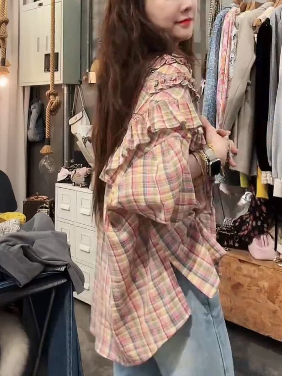 柄シャツ 柄シャツ フリルギャザー格子柄ブラウス