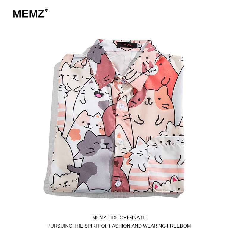 柄シャツ もこもこ猫づくし ゆるかわシャツ