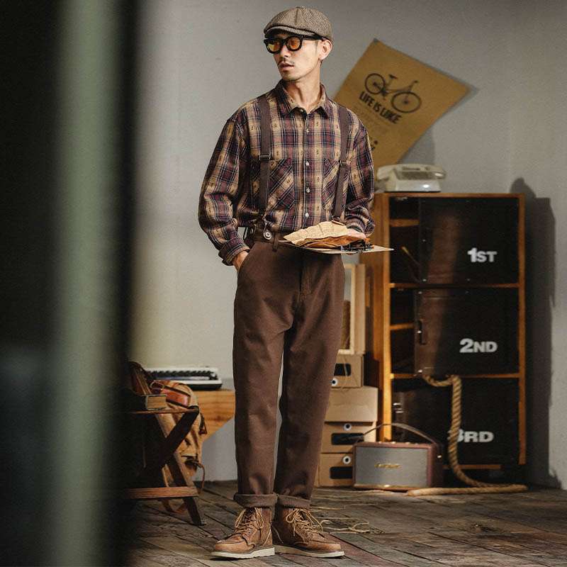 チェック柄シャツ　レトロ調 へリンボーン柄シャツ