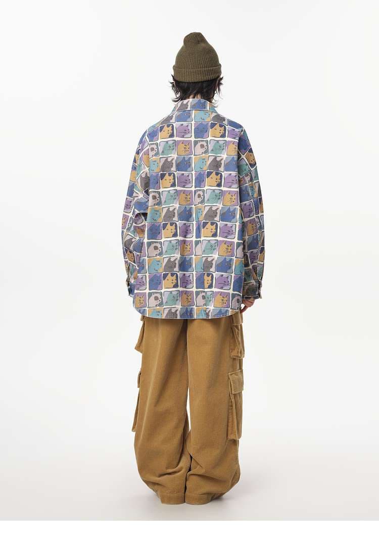 猫柄シャツ キュートな表情猫づくしシャツ