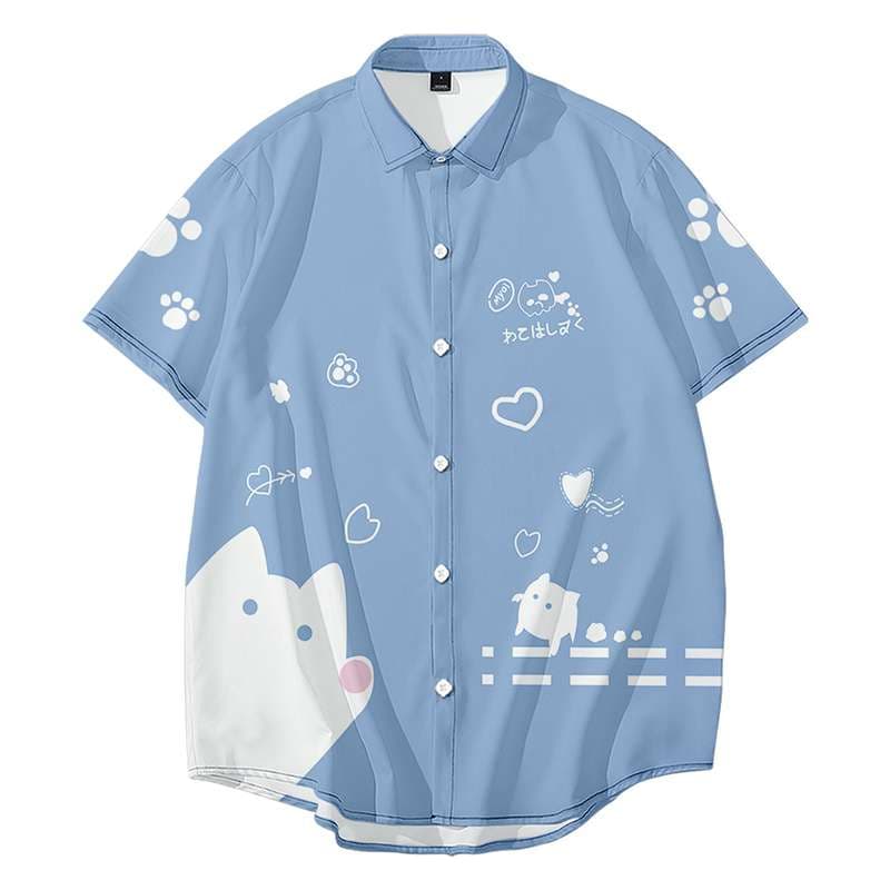 猫柄シャツ　愛らしい肉球とハートの遊び心猫柄シャツ