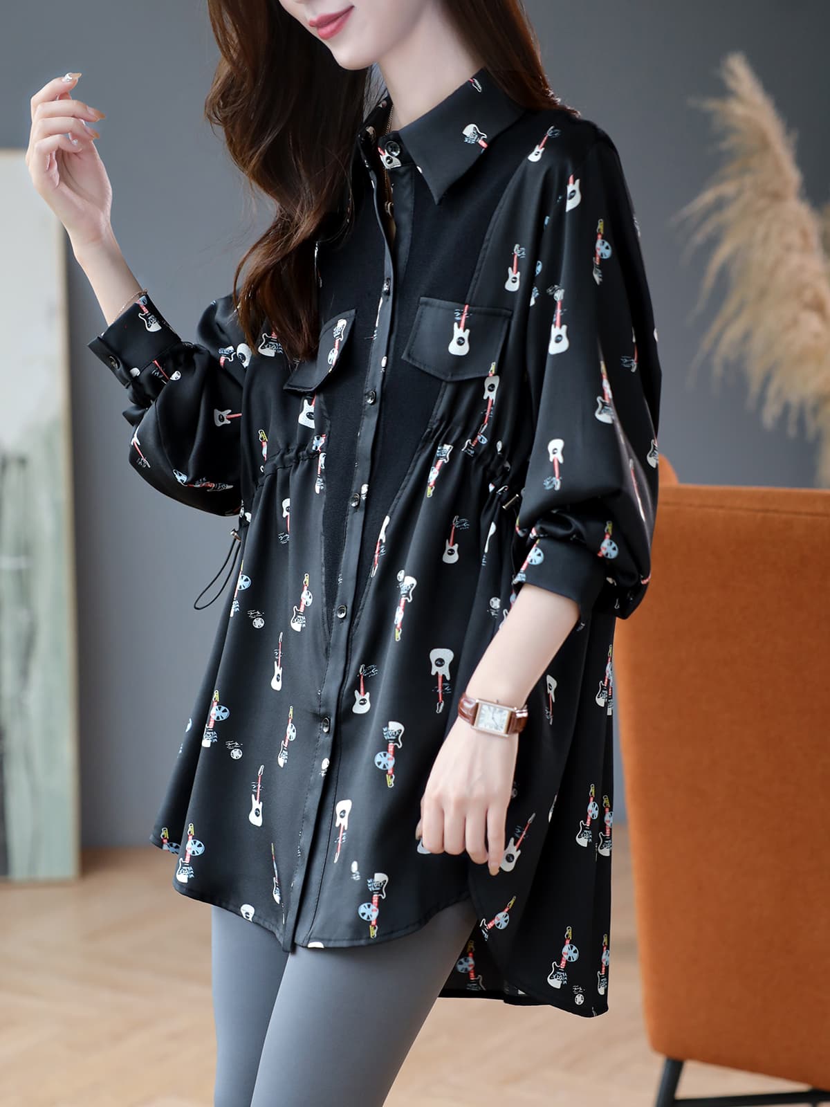 柄シャツ 柄シャツ 楽器模様のゆったりシャツ
