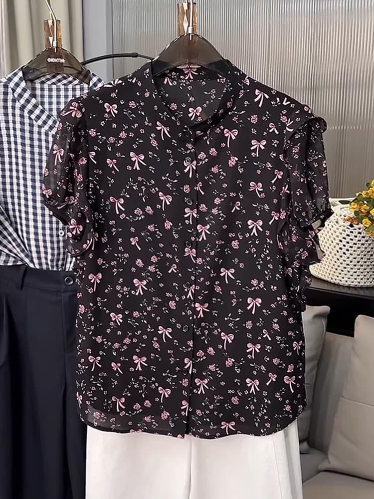柄シャツ 優美なリボン舞う小花シャツ
