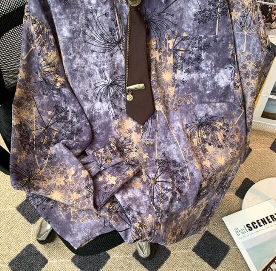 男性用長袖総柄シャツ パープル花柄デザイン