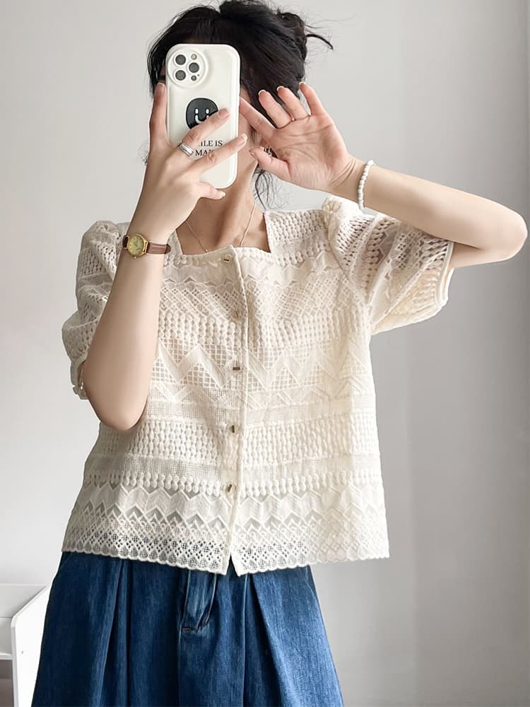 柄シャツ 柄シャツ 透かし編み幾何学模様ブラウス