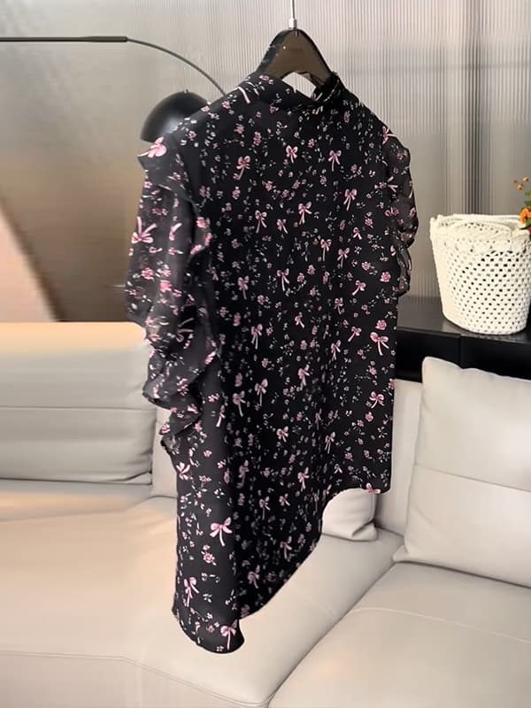 柄シャツ 優美なリボン舞う小花シャツ