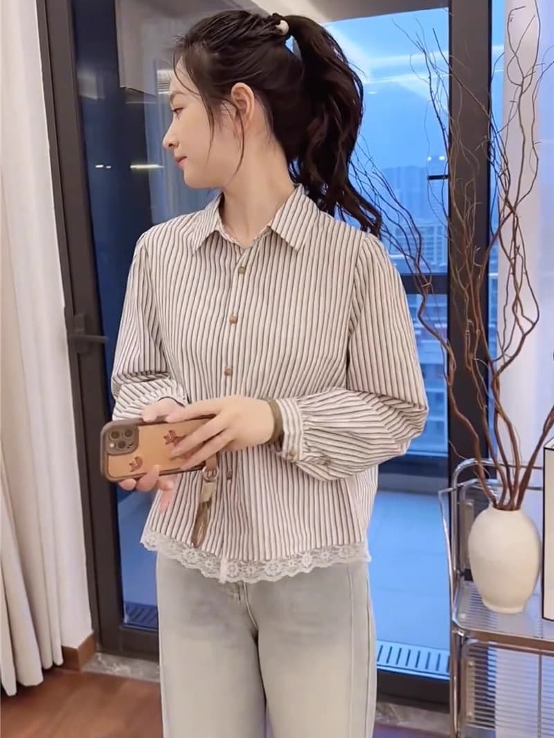 柄シャツ 柄シャツ レース裾ストライプ柔らか長袖シャツ