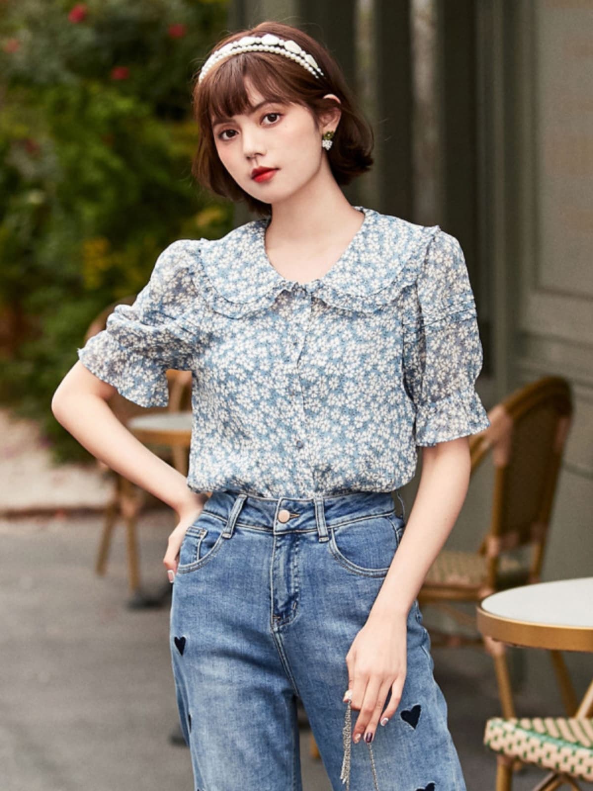 柄シャツ 小花柄丸襟パフスリーブシャツ