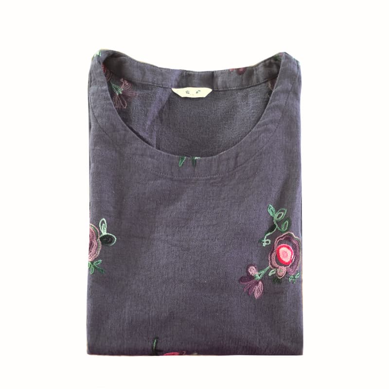 柄シャツ 柄シャツ 優美な薔薇刺繍七分袖トップス