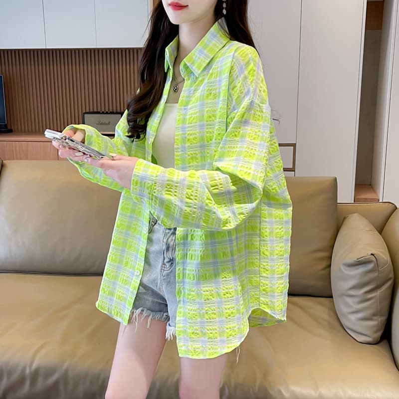 柄シャツ 透かし織りチェックシャツ