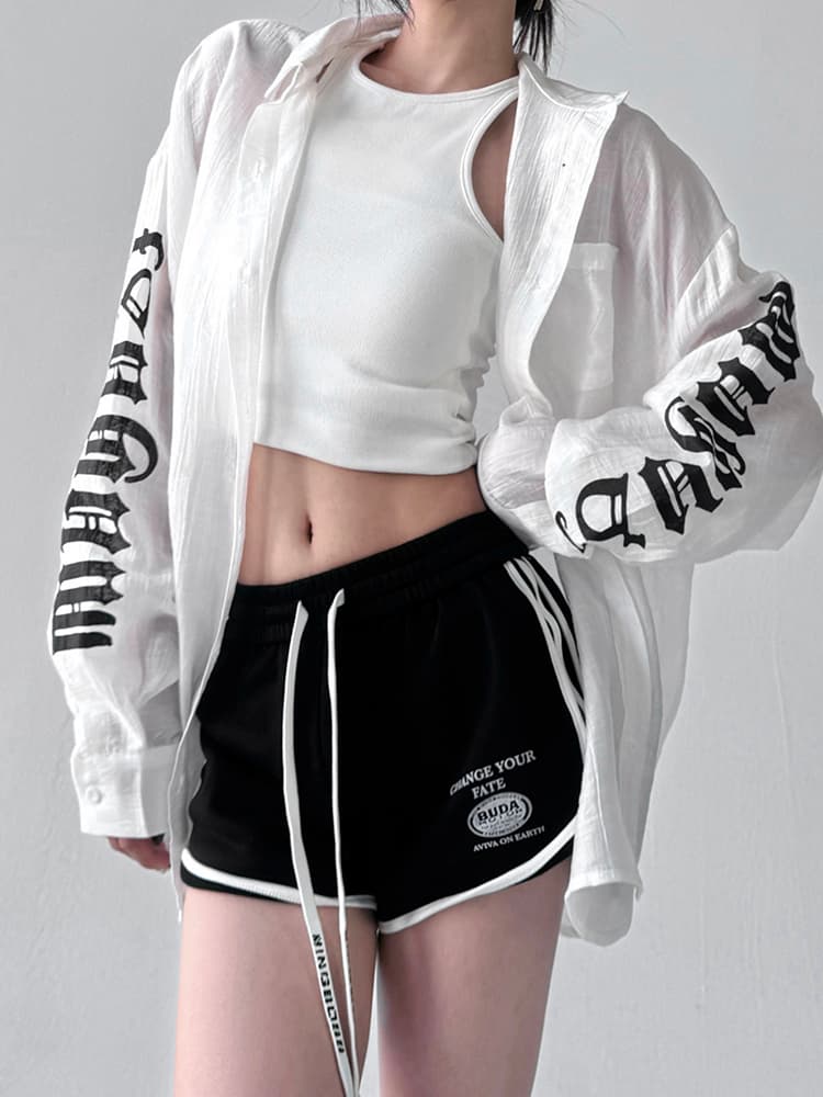 柄シャツ 透け感文字デザイン柄シャツ
